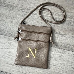 Taupe Leather Crossbody Bag with Initial 'N'